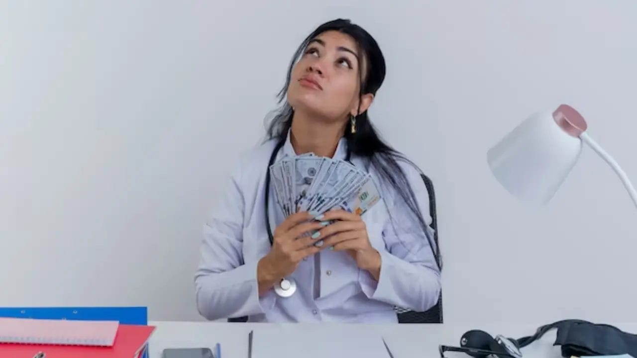 دكتورة تجلس على مكتب وتحمل أموال وتنظر للاعلي