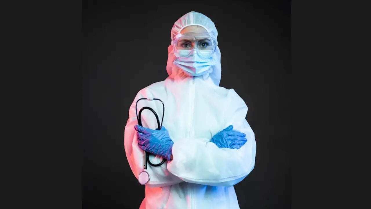 طبيبة تتموضع لأخذ صورة بملابس واقية من مرض كورونا